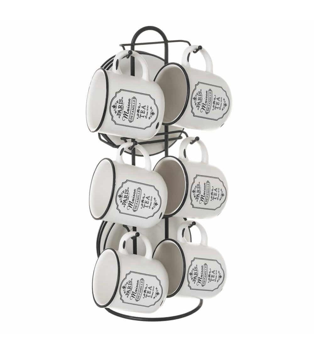 Dcasa Juego de 6 tazas de té de stoneware blanco y negro con soporte de 220 ml