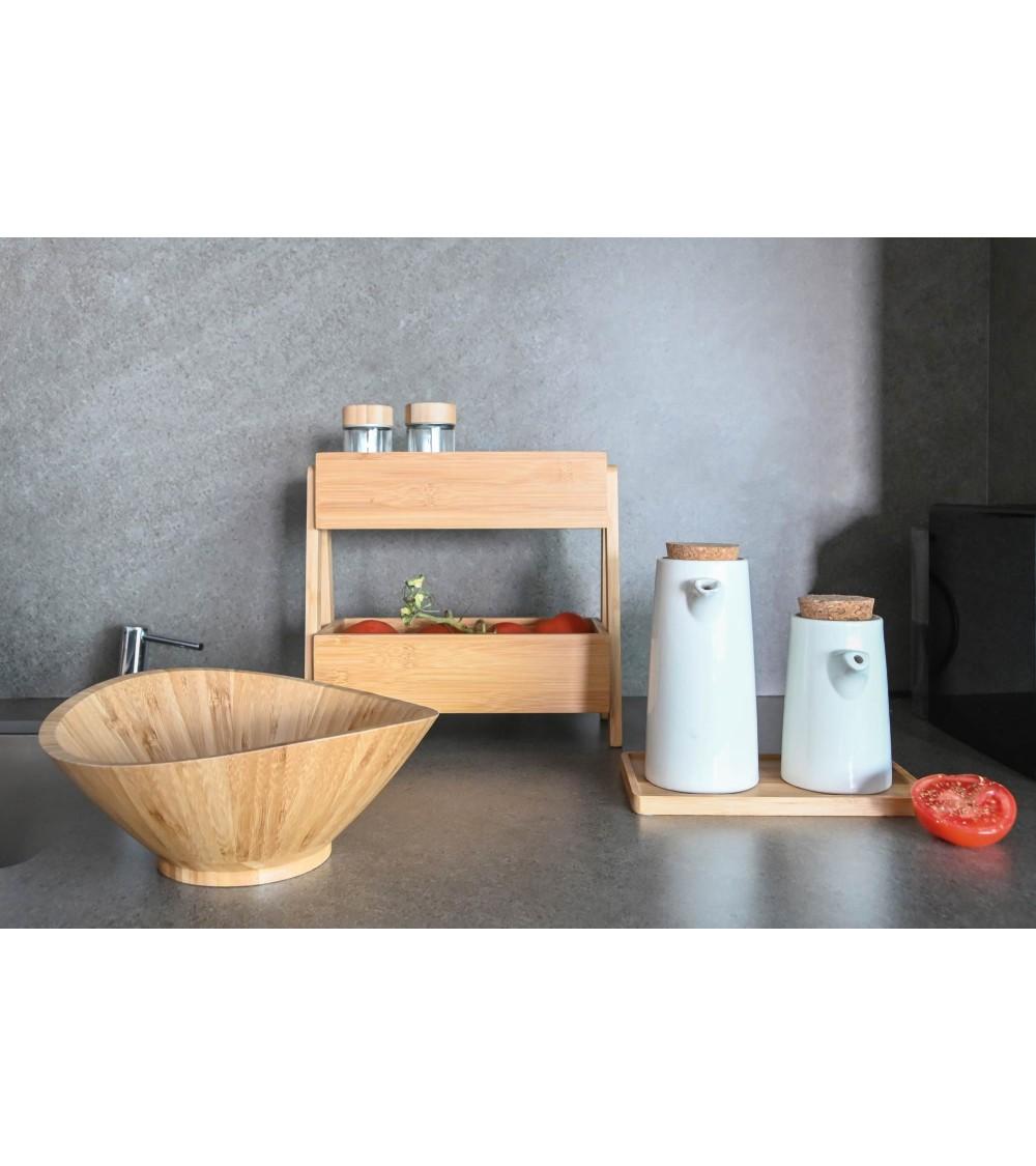 Dcasa Juego De Aceitera Vinagrera De Gres Blanco Con Bandeja De Bambú