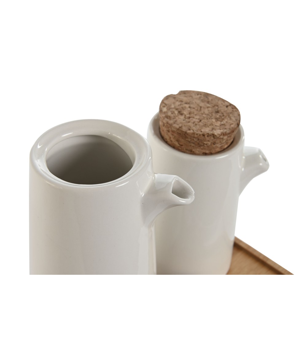 Dcasa Juego De Aceitera Vinagrera De Gres Blanco Con Bandeja De Bambú