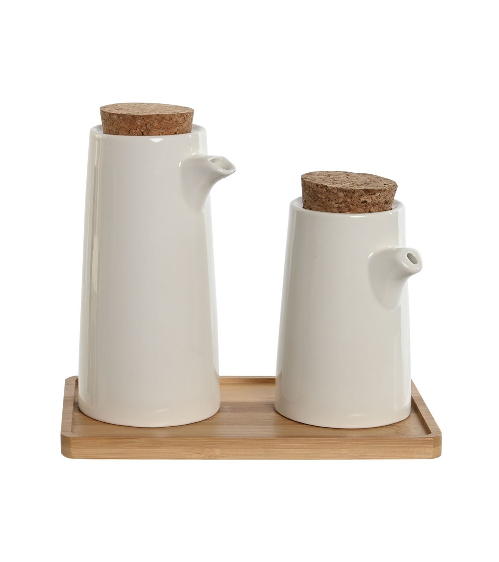 Dcasa Juego de aceitera vinagrera de gres blanco con bandeja de bambú