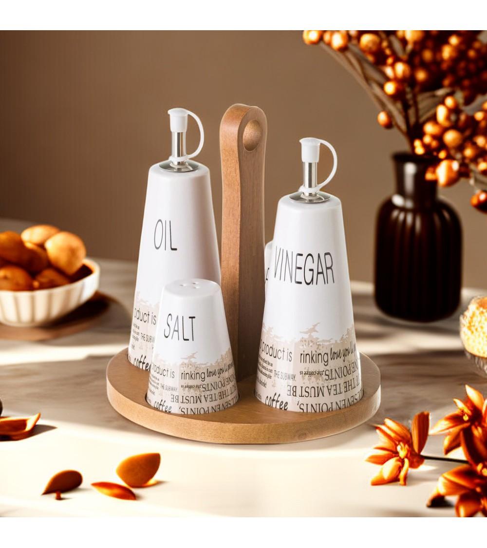 Dcasa Juego De Aceitera Vinagrera Salero Y Pimentero Con Cenefa De Stoneware Blancos