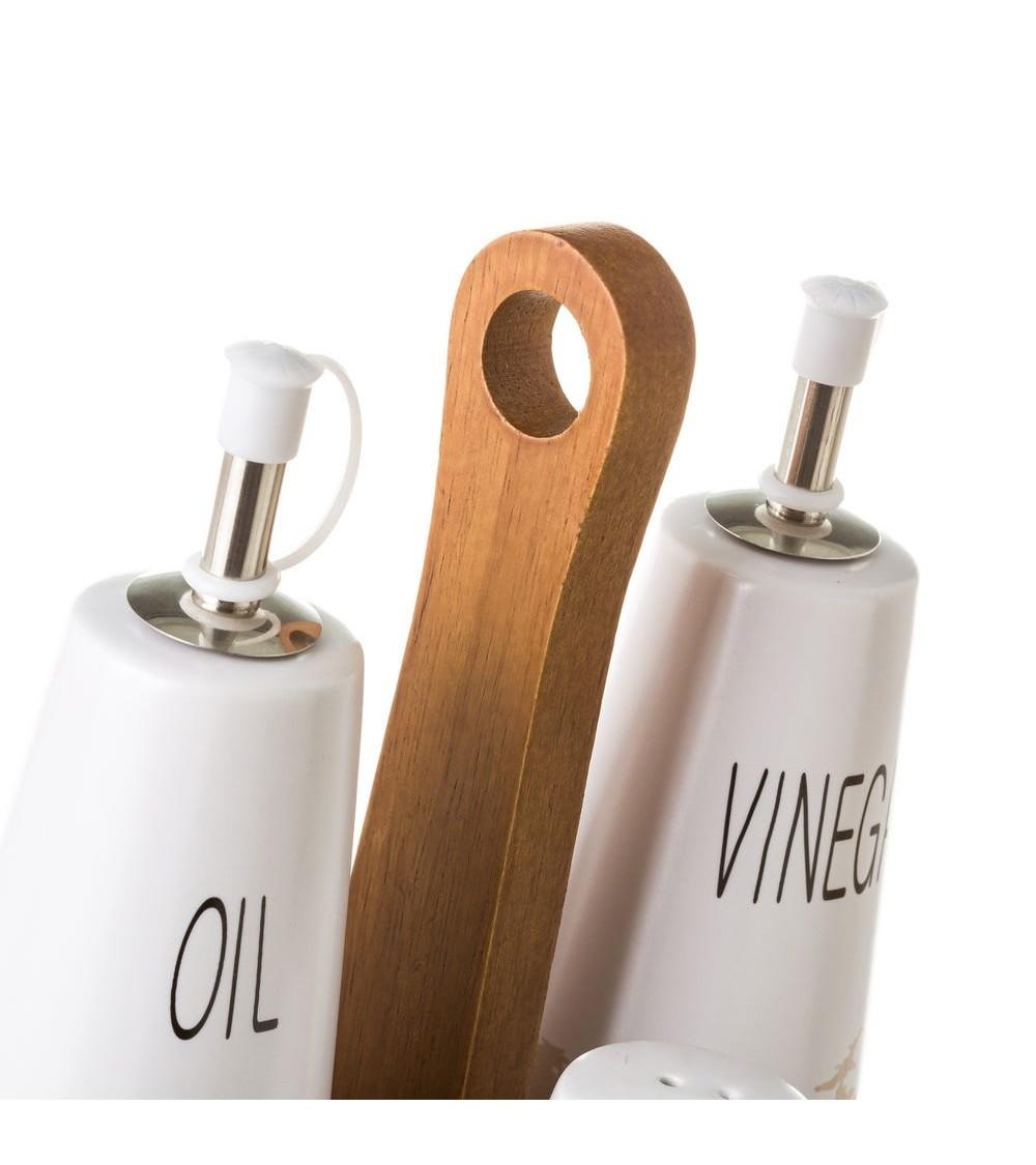 Dcasa Juego De Aceitera Vinagrera Salero Y Pimentero Con Cenefa De Stoneware Blancos