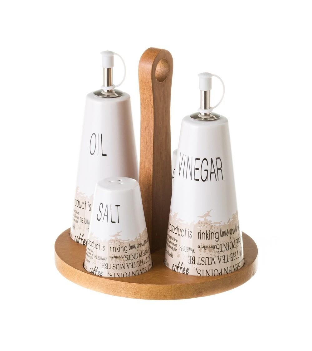 Dcasa Juego de aceitera vinagrera salero y pimentero con cenefa de stoneware blancos