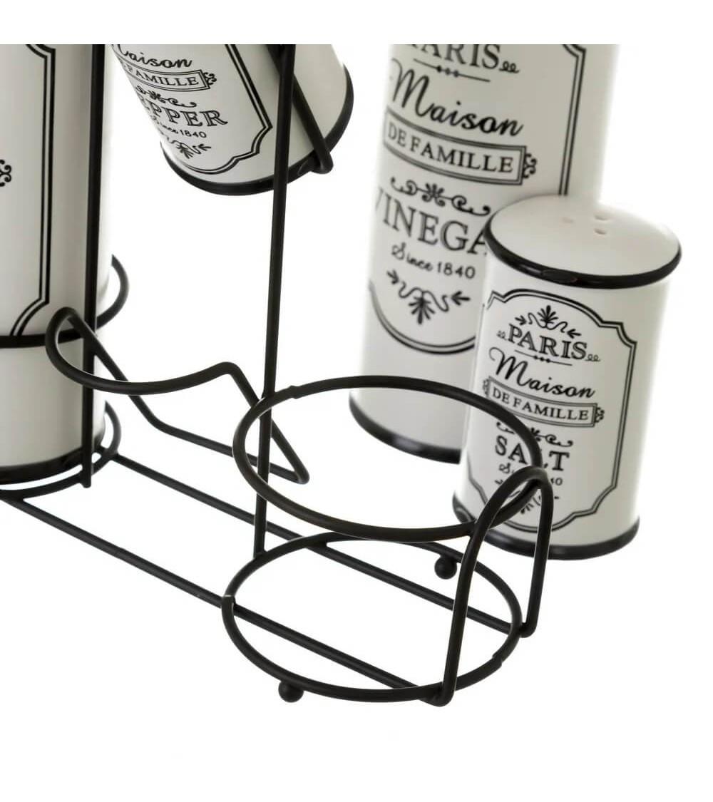 Dcasa Juego De Aceitera Vinagrera Salero Y Pimentero De Stoneware Blancos Y Negros Con Soporte