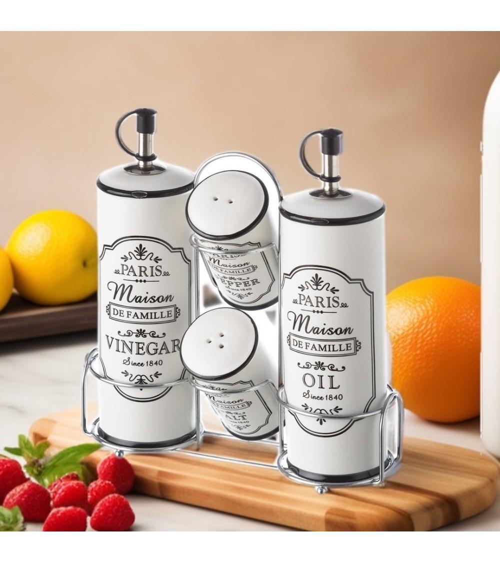 Dcasa Juego De Aceitera Vinagrera Salero Y Pimentero De Stoneware Blancos Y Negros Con Soporte