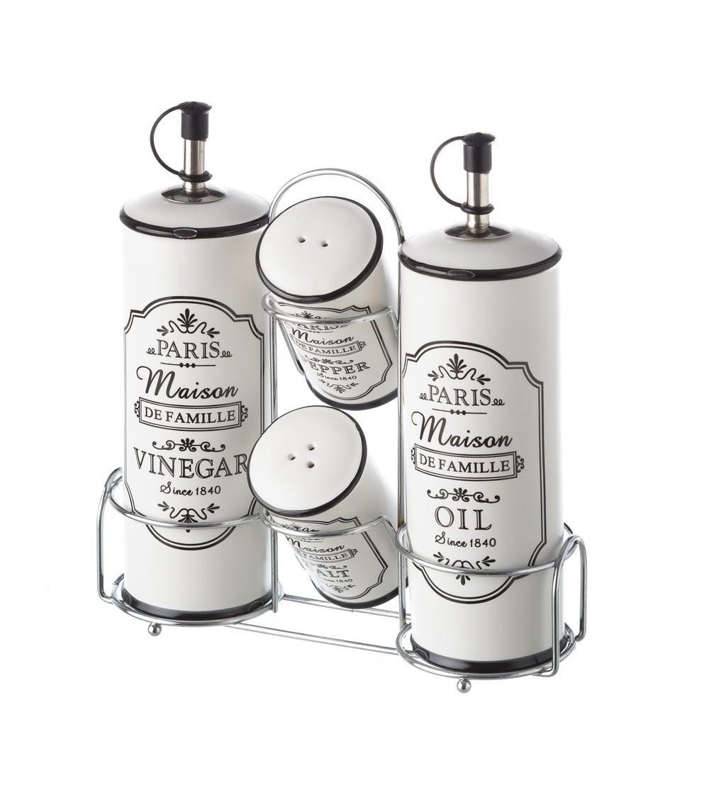 Dcasa Juego de aceitera vinagrera salero y pimentero de stoneware blancos y negros con soporte