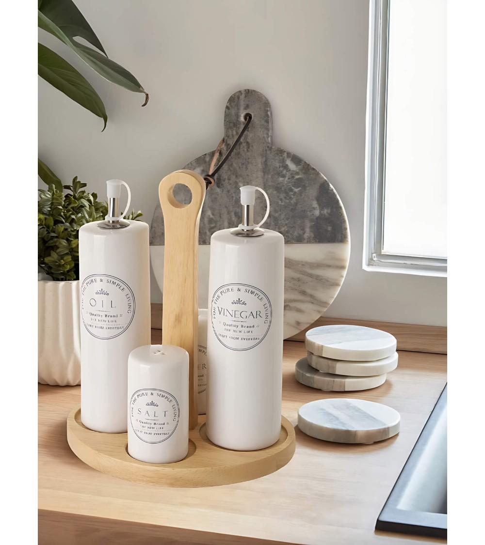 Dcasa Juego De Aceitera Vinagrera Salero Y Pimentero De Stoneware Blanco Con Soporte