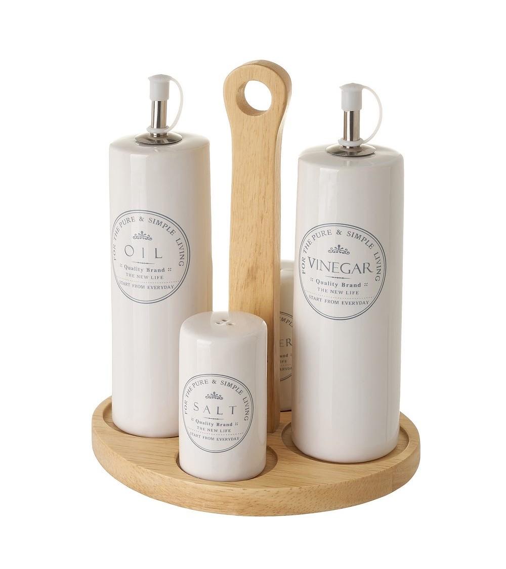 Dcasa Juego de aceitera vinagrera salero y pimentero de stoneware blanco con soporte