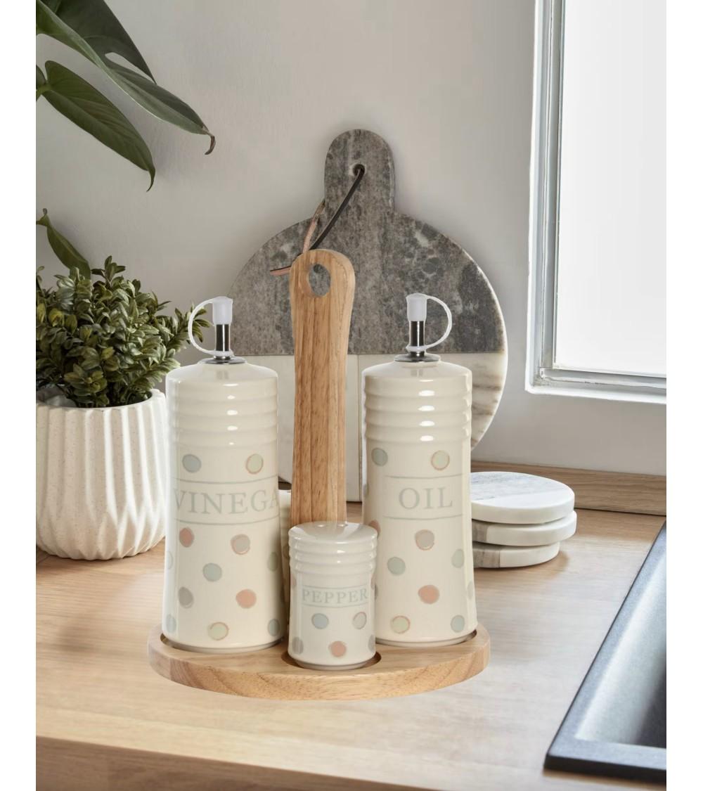 Dcasa Juego De Aceitera Vinagrera Salero Y Pimentero De Gres Beige Con Soporte