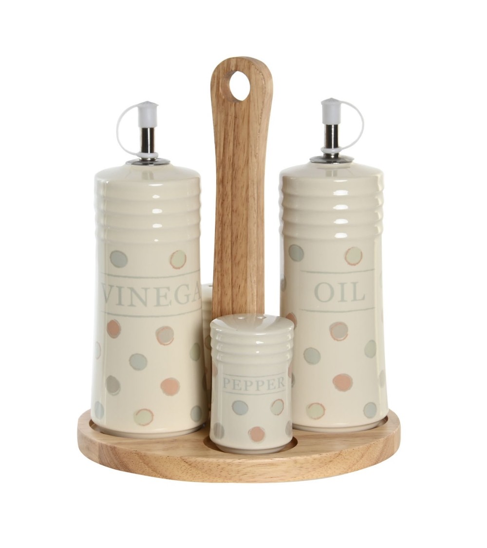 Dcasa Juego de aceitera vinagrera salero y pimentero de gres beige con soporte