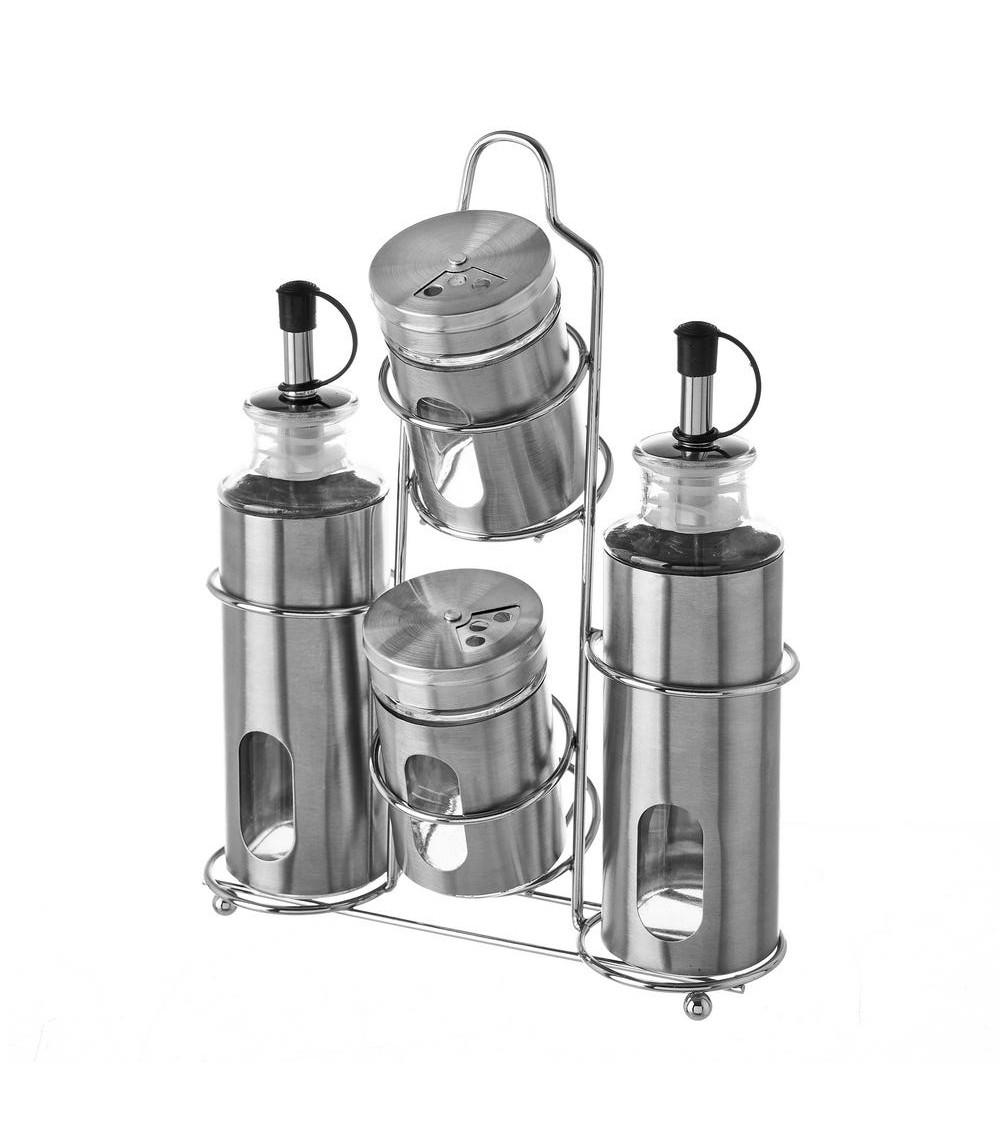 Dcasa Juego de aceitera vinagrera salero y pimentero de cristal con soporte de acero inoxidable gris