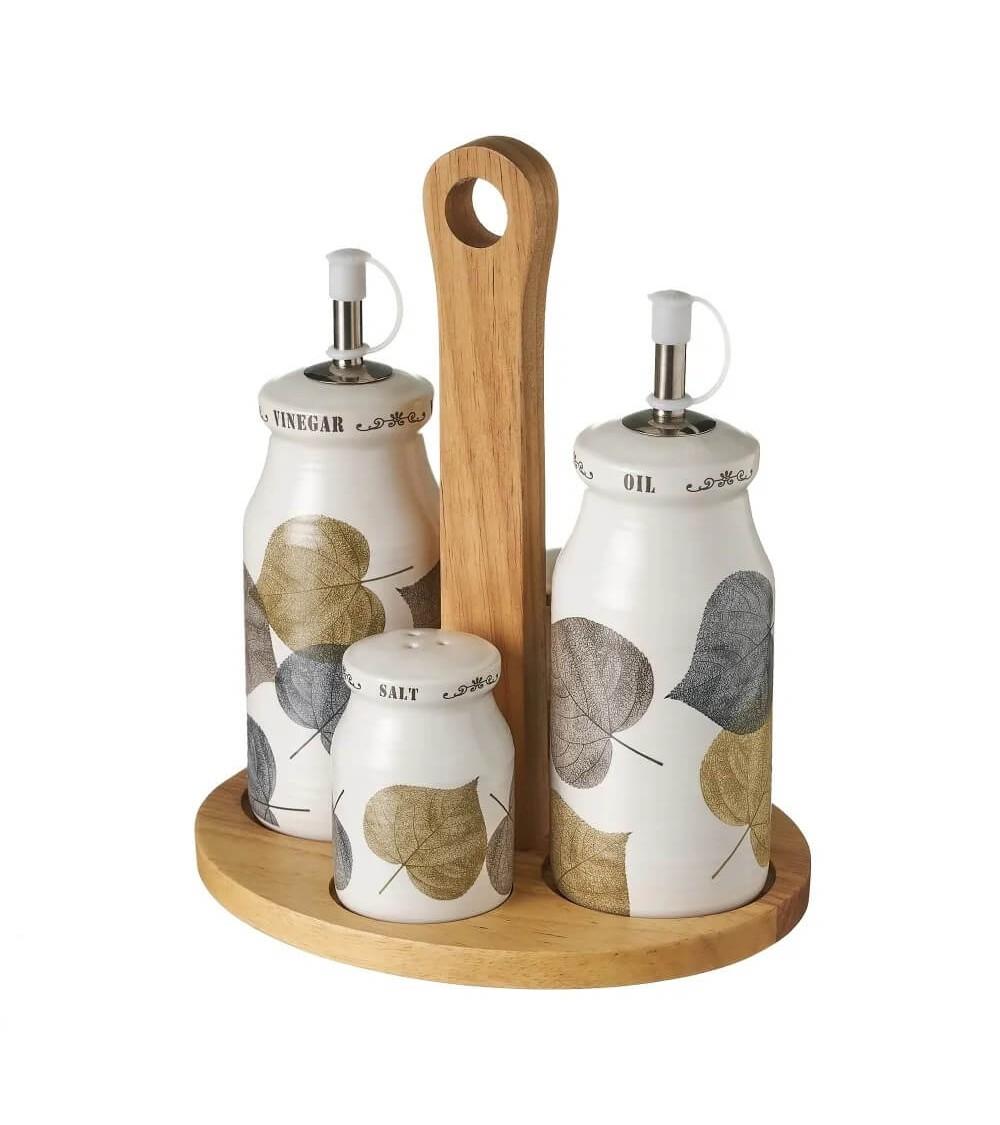 Dcasa Juego de aceitera vinagrera salero y pimentero de hojas de stoneware blanco