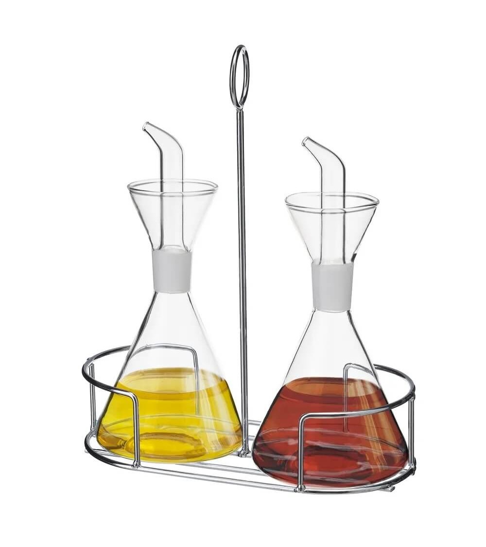 Dcasa Juego de aceitera y vinagrera antigoteo con soporte de cristal transparente