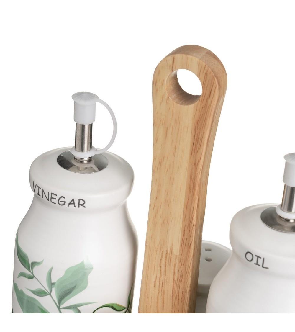 Dcasa Juego De Aceitera Y Vinagrera Con Salero Y Pimentero En Soporte De Cerámica Stoneware Blanco Y Verde
