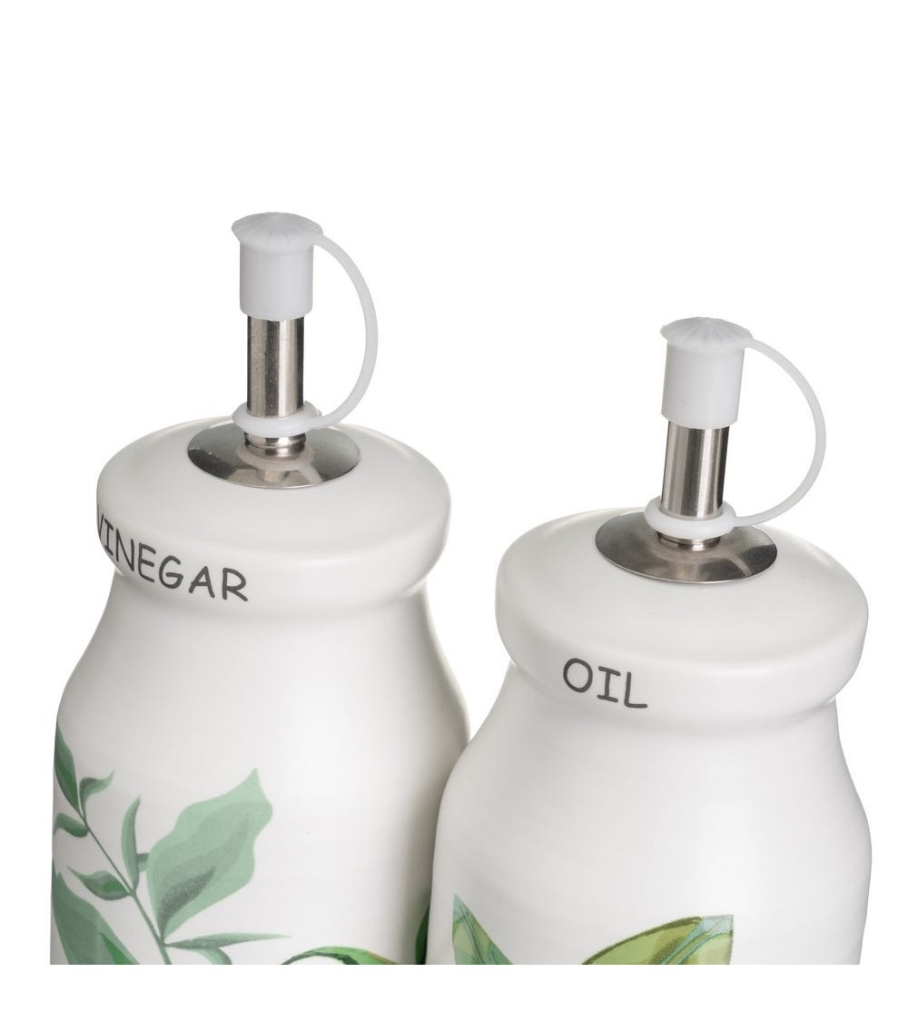 Dcasa Juego De Aceitera Y Vinagrera Con Salero Y Pimentero En Soporte De Cerámica Stoneware Blanco Y Verde
