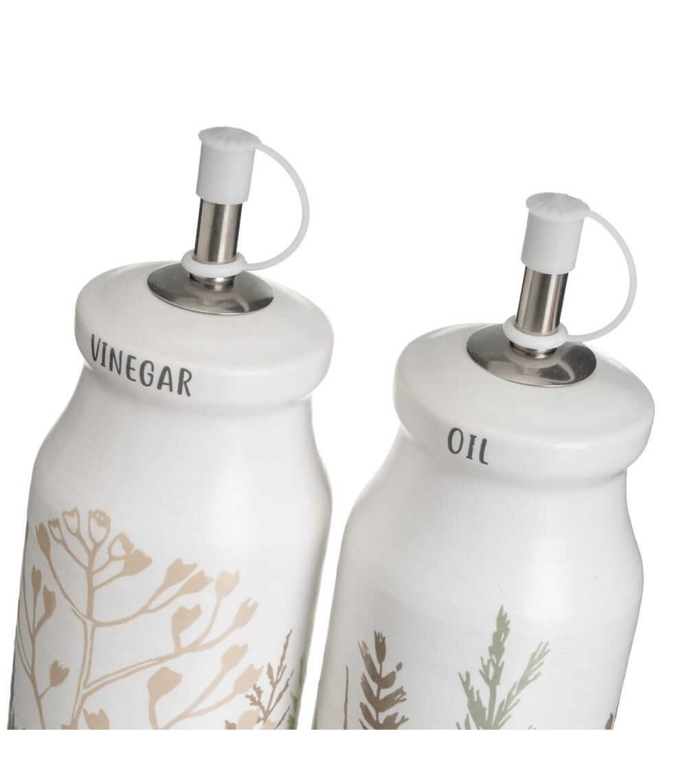 Dcasa Juego De Aceitera Y Vinagrera Con Salero Y Pimentero En Soporte De Cerámica Stoneware Blanco Y Beige