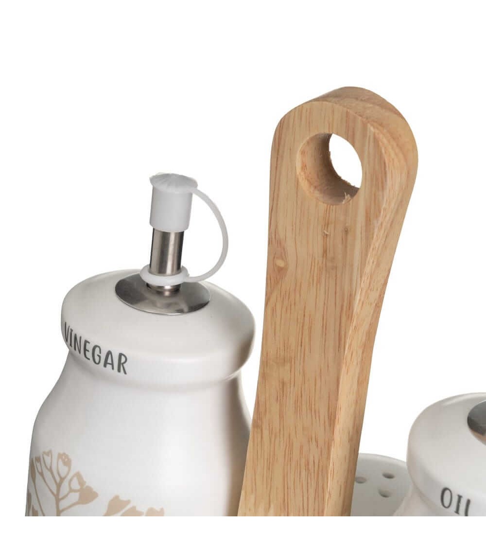 Dcasa Juego De Aceitera Y Vinagrera Con Salero Y Pimentero En Soporte De Cerámica Stoneware Blanco Y Beige