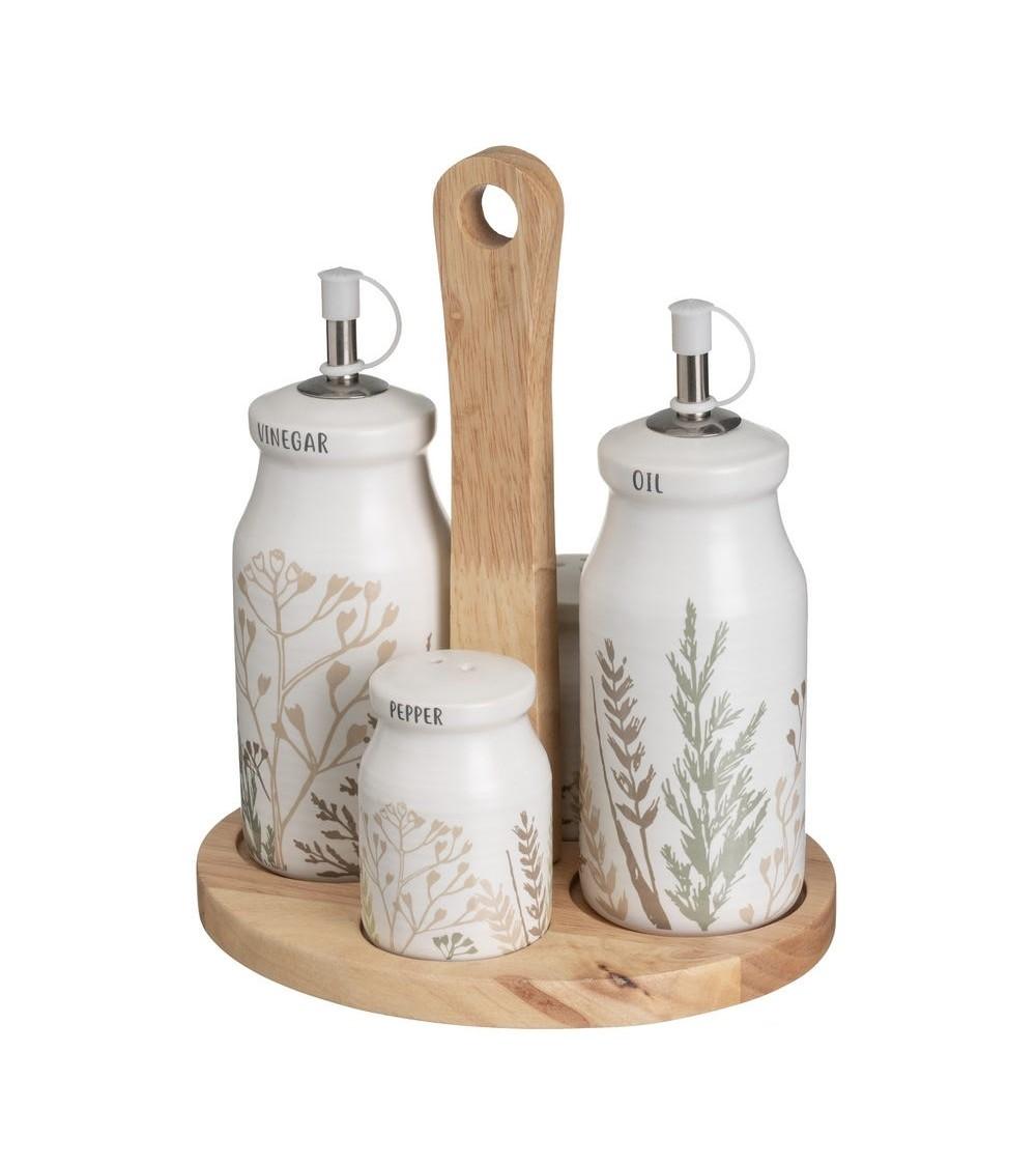 Dcasa Juego de aceitera y vinagrera con salero y pimentero en soporte de cerámica stoneware blanco y beige