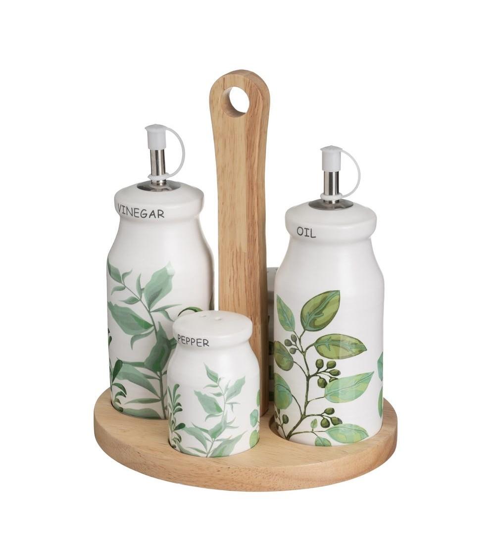 Dcasa Juego de aceitera y vinagrera con salero y pimentero en soporte de cerámica stoneware blanco y verde