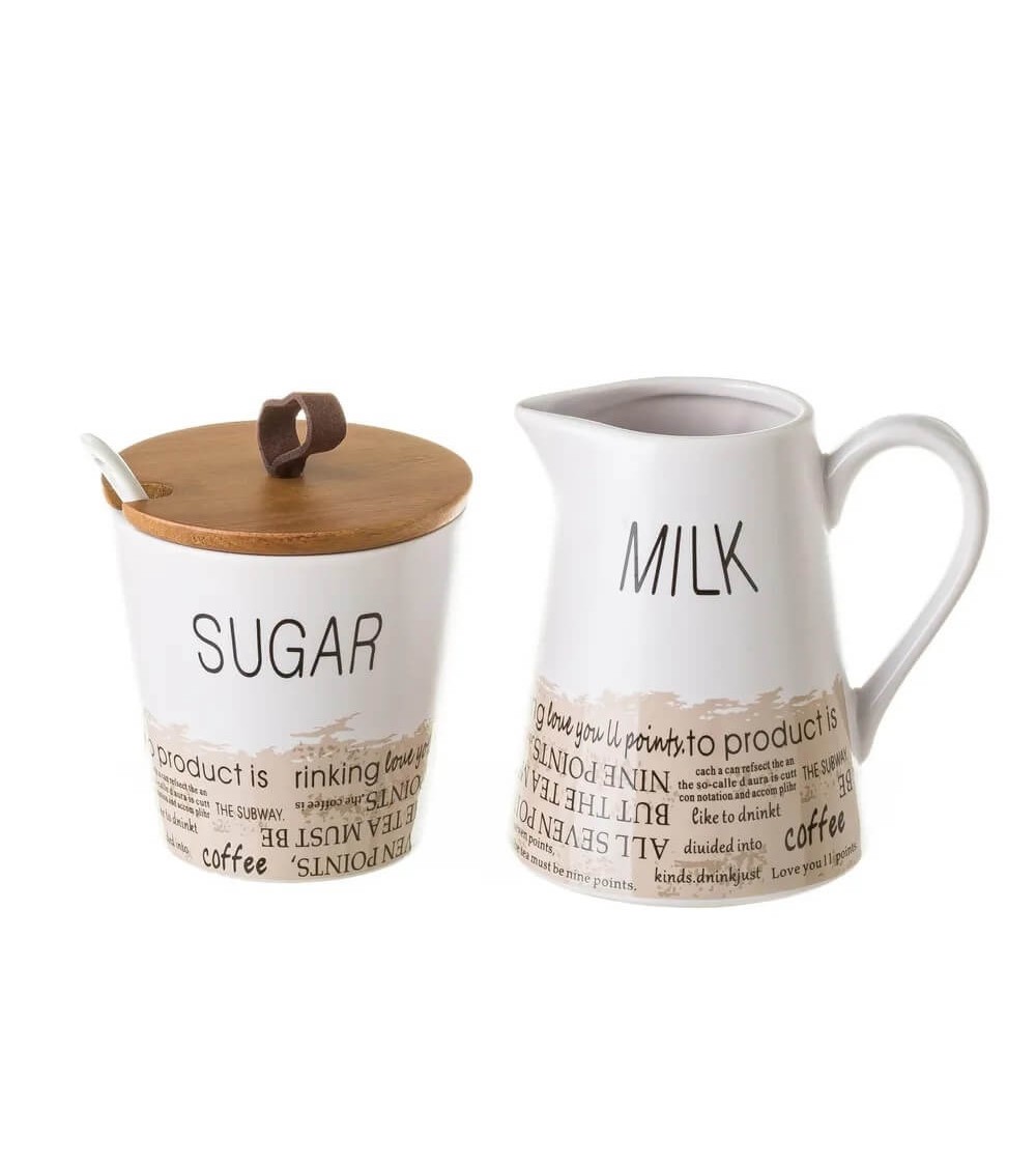 Dcasa Juego de azucarero y lechera con cenefa de stoneware blanco