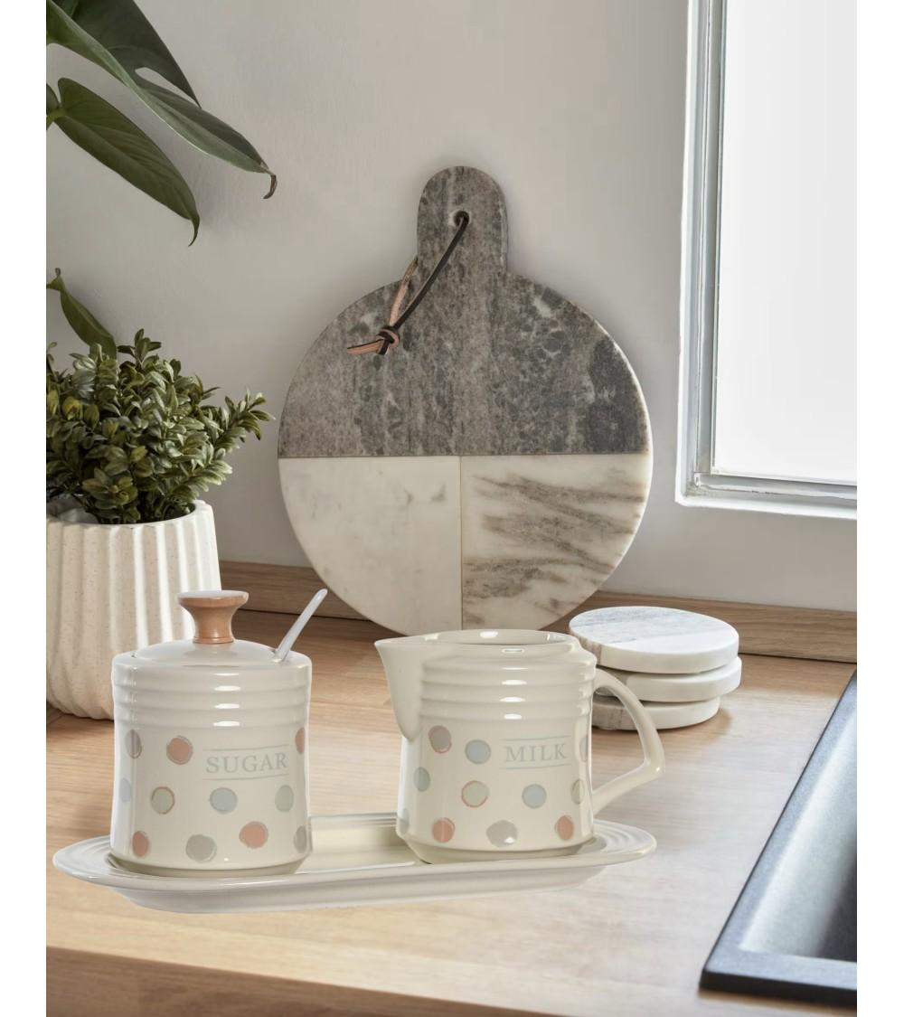Dcasa Juego De Azucarero Y Lechera De Gres Beige Con Bandeja De Topitos