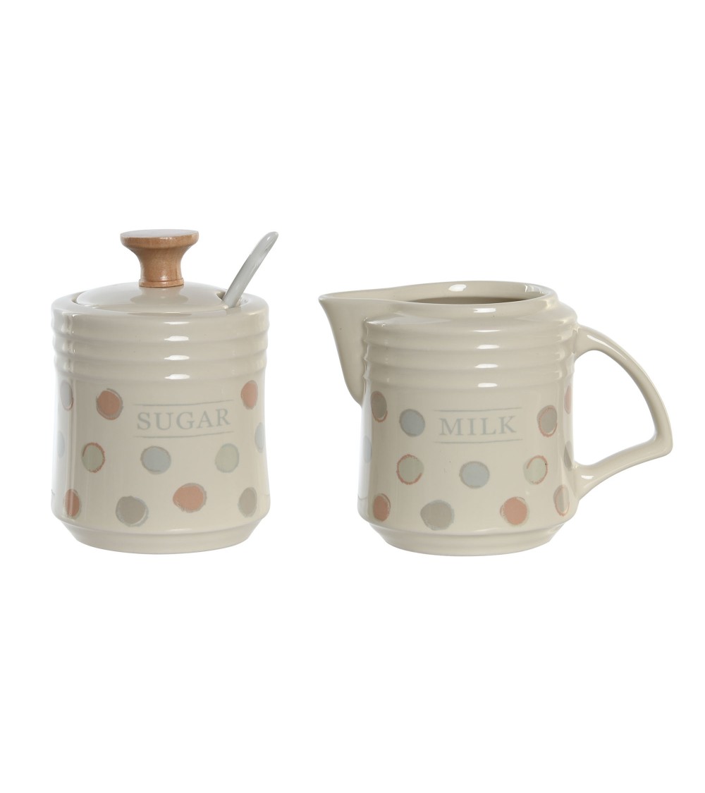 Dcasa Juego De Azucarero Y Lechera De Gres Beige Con Bandeja De Topitos