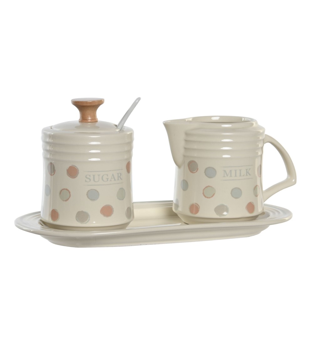 Dcasa Juego de azucarero y lechera de gres beige con bandeja de topitos