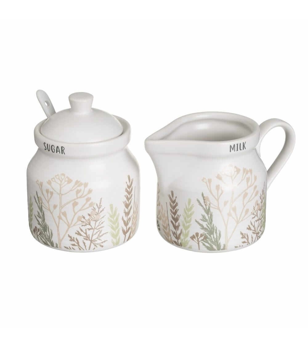 Dcasa Juego de azucarero y lechera de stoneware blanco y beige