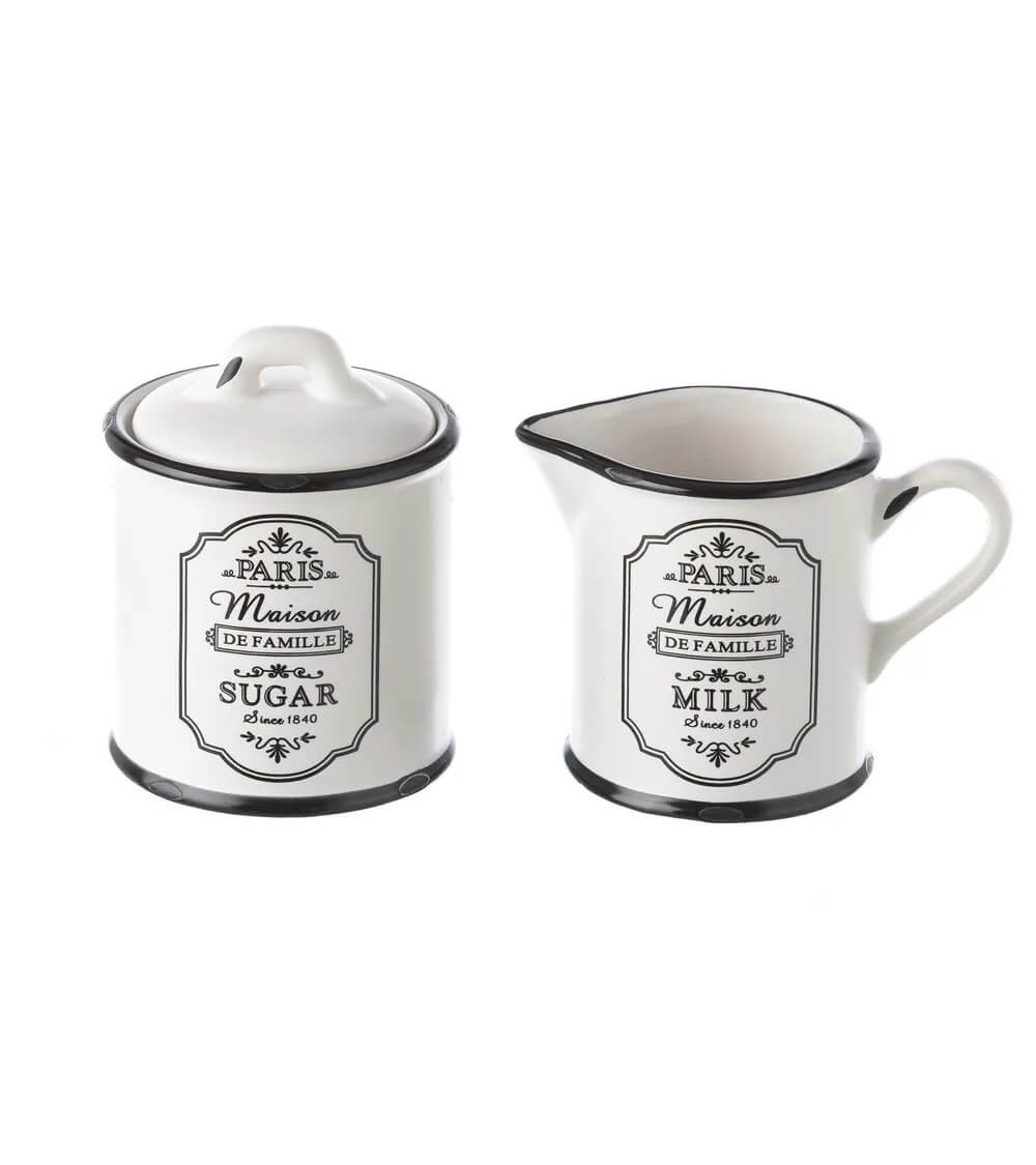 Dcasa Juego de azucarero y lechera de stoneware blancos y negros vintage