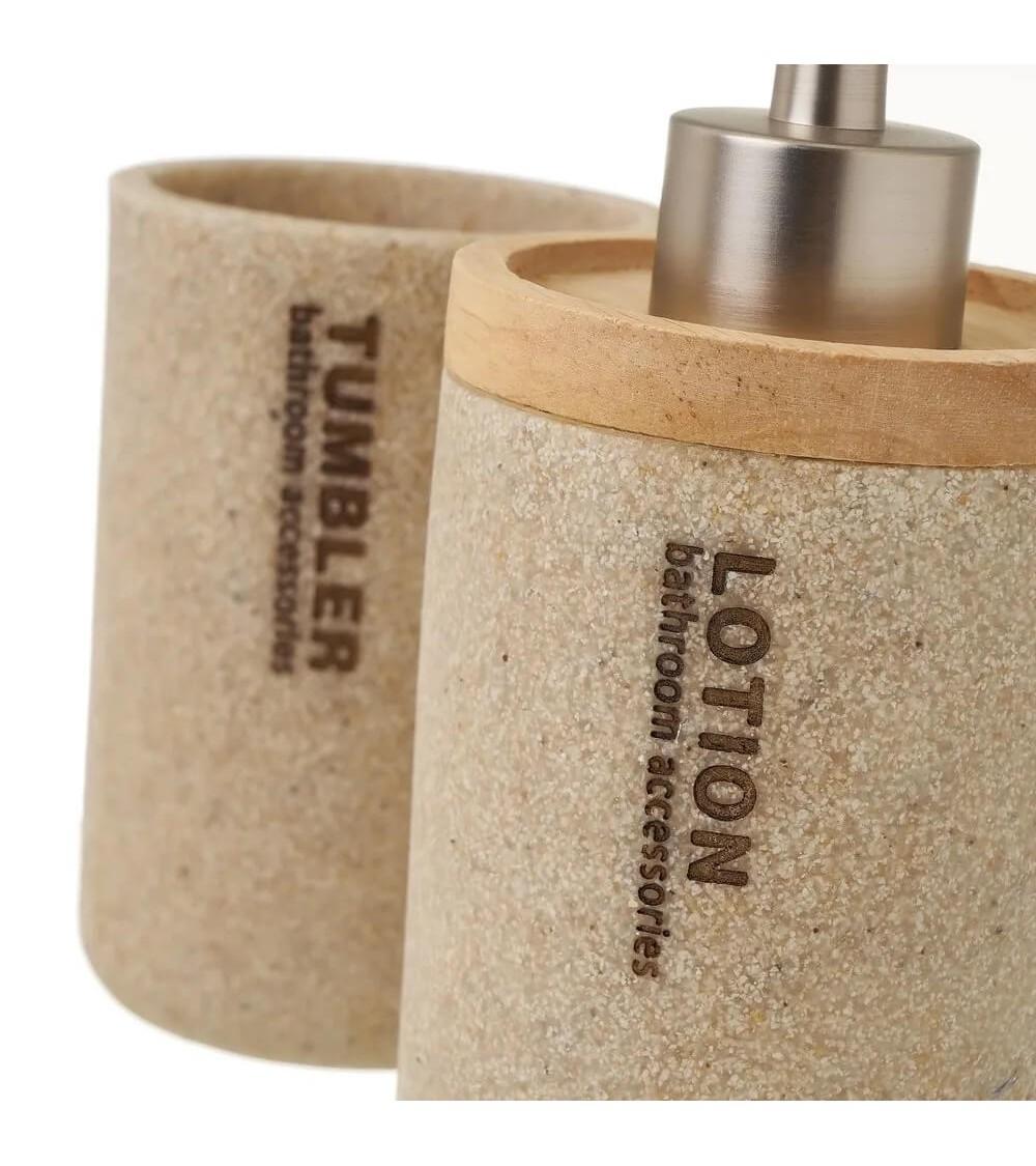 Dcasa Juego De Dispensador Jabonera Y Vaso Portacepillos De Resina Y Madera Beige