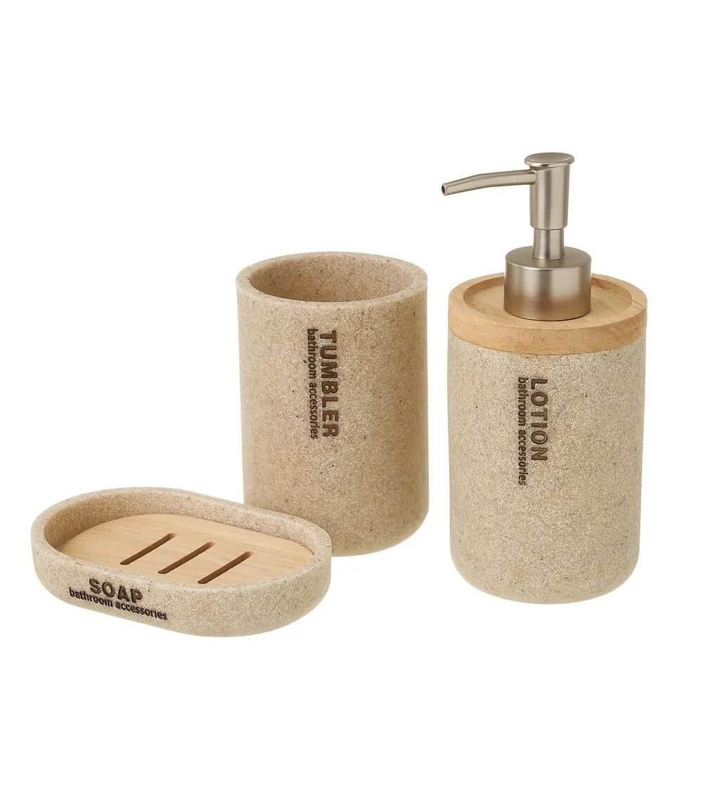 Dcasa Juego de dispensador jabonera y vaso portacepillos de resina y madera beige