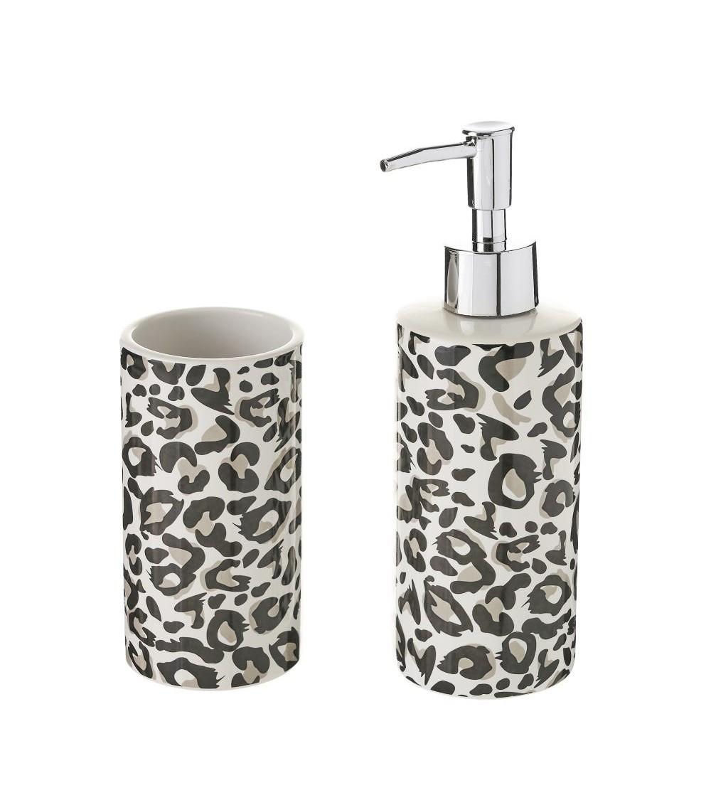 Dcasa Juego de dispensador y portacepillos animal print de cerámica blanco y negro de 200 ml