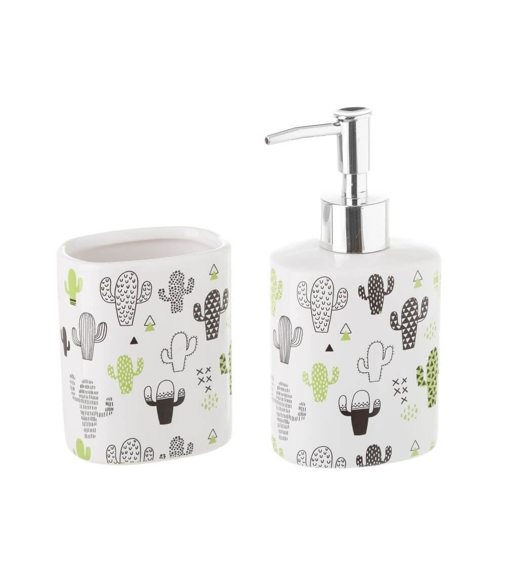Dcasa Juego de dispensador y portacepillos de ceramica cactus verde
