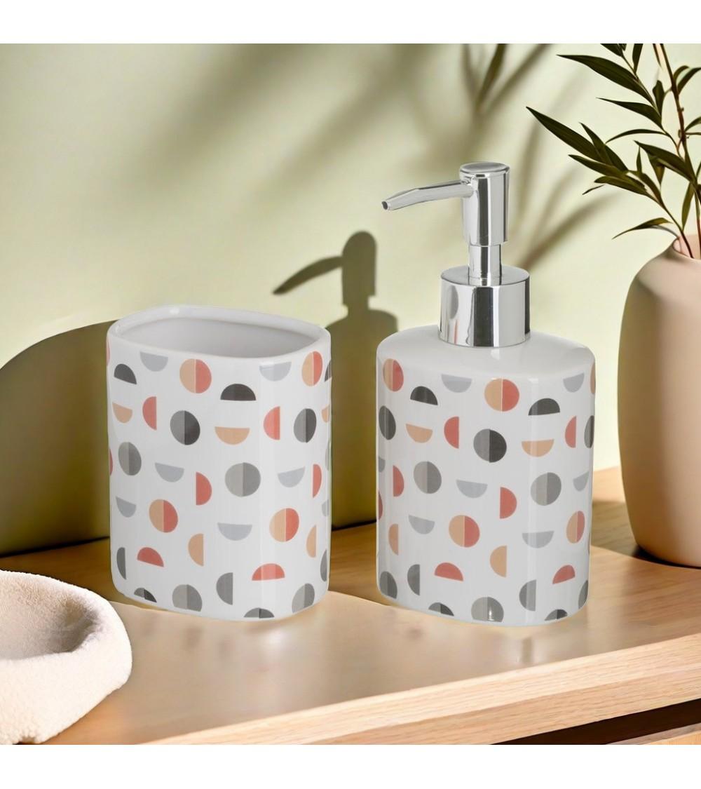 Dcasa Juego De Dispensador Y Portacepillos De Ceramica Lunares Multicolor