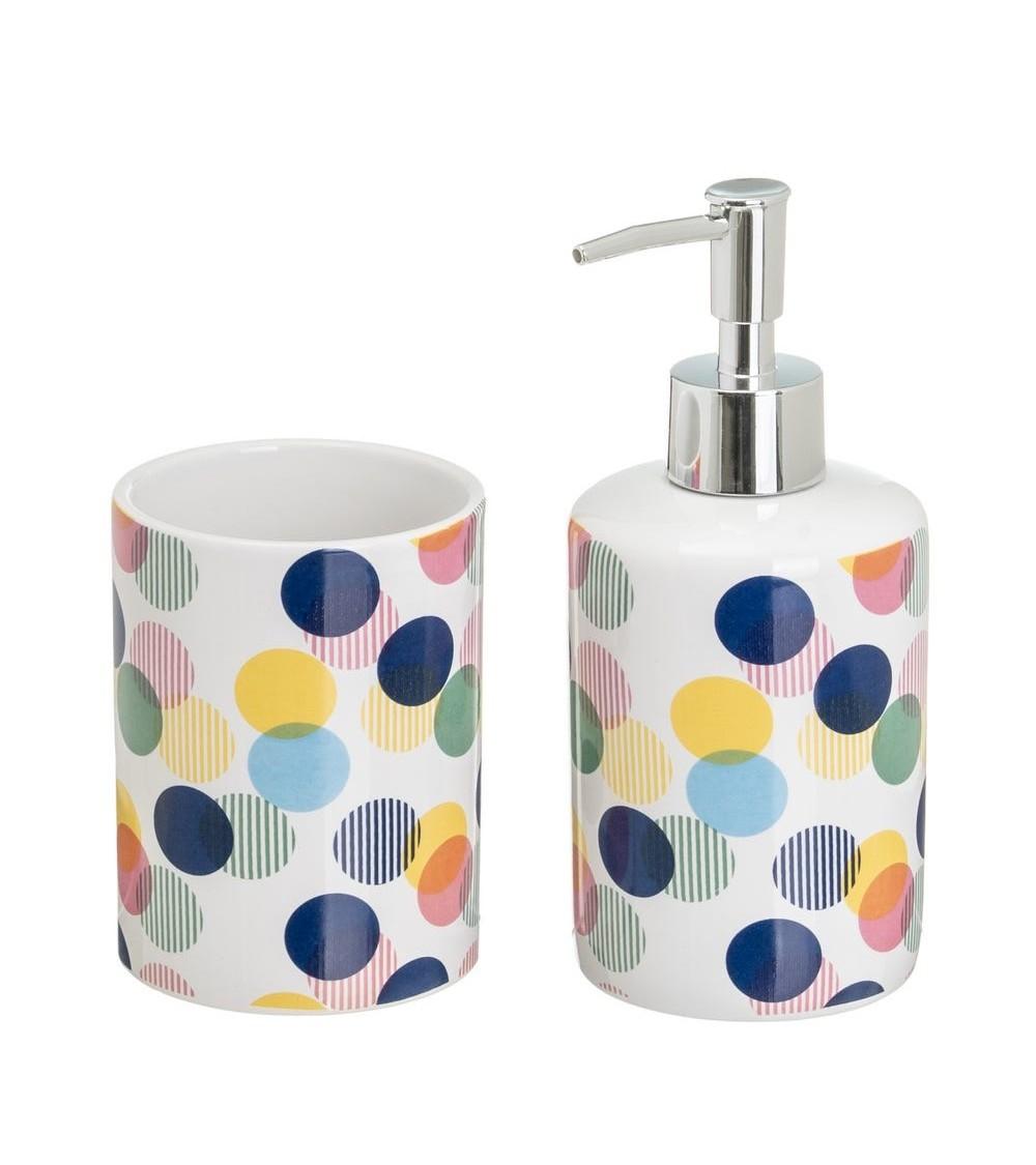 Dcasa Juego de dispensador y portacepillos de ceramica topos multicolor