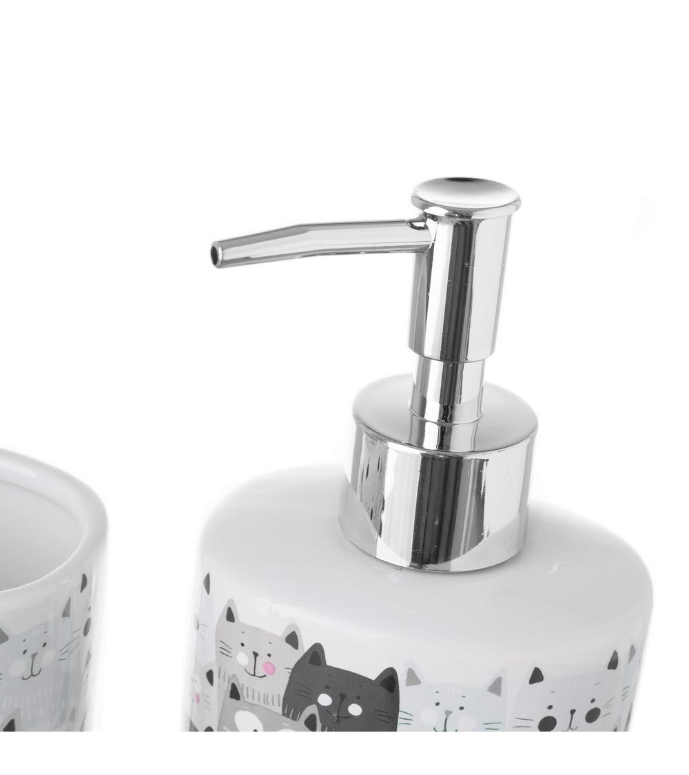 Dcasa Juego De Dispensador Y Portacepillos De Gatos De Cerámica Blanca Y Gris De 200 Ml