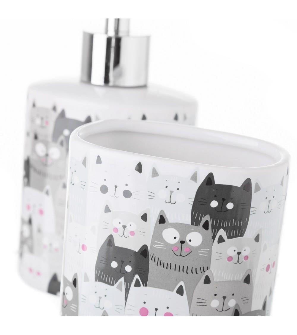 Dcasa Juego De Dispensador Y Portacepillos De Gatos De Cerámica Blanca Y Gris De 200 Ml