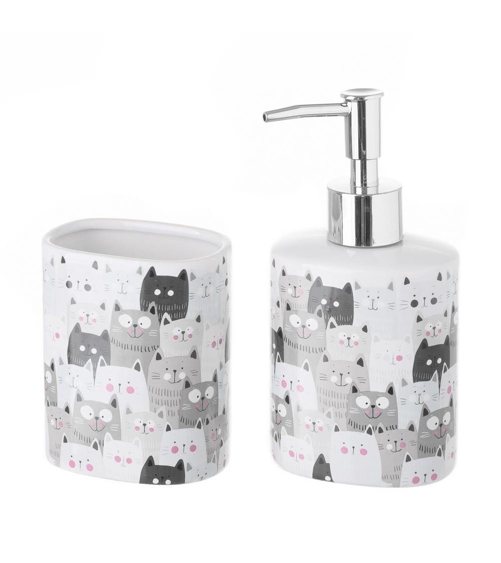 Dcasa Juego de dispensador y portacepillos de gatos de cerámica blanca y gris de 200 ml