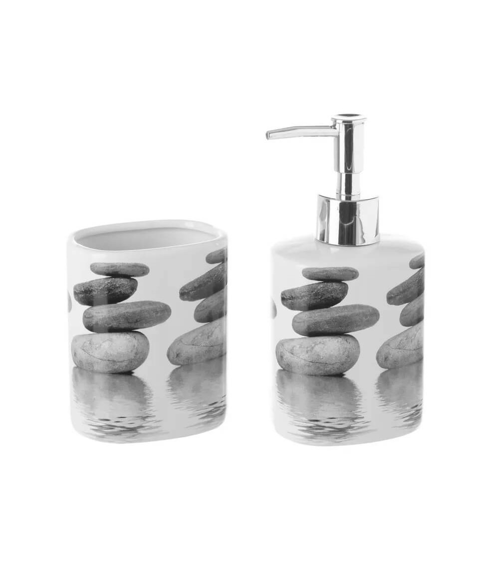 Dcasa Juego de dispensador y portacepillos de Piedras de cerámica Gris de 200 ml