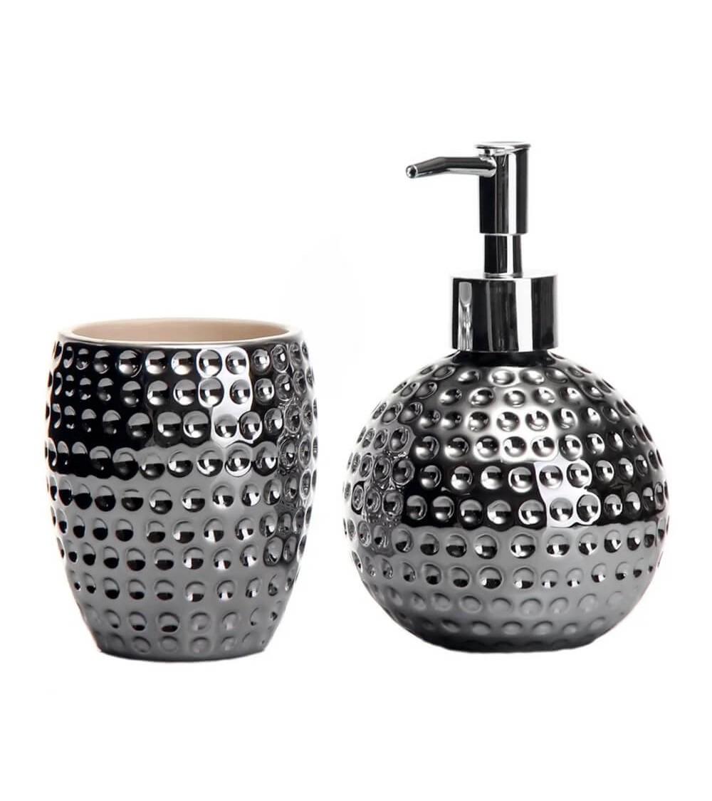 Dcasa Juego de dispensador y portacepillos martelados de cerámica plateados