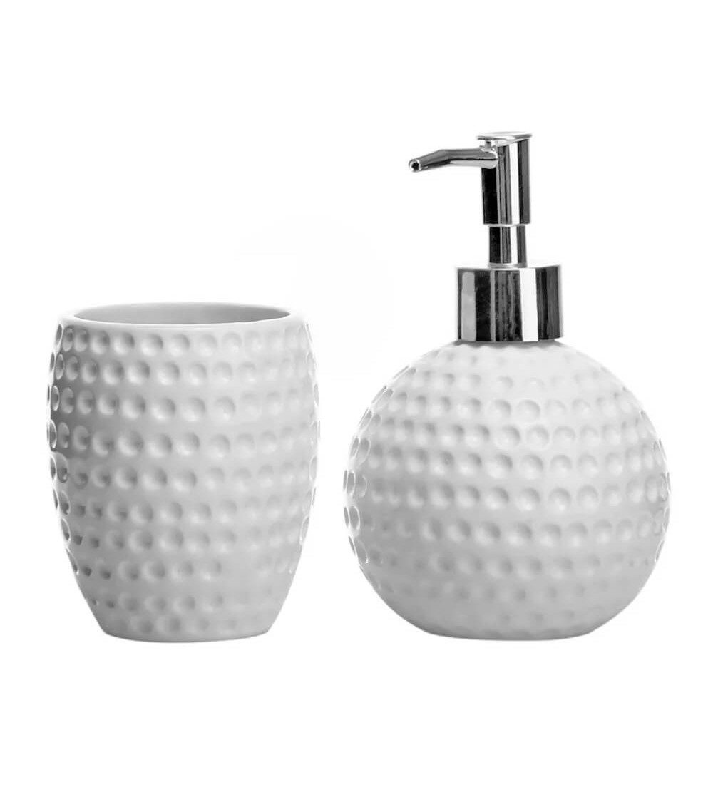 Dcasa Juego de dispensador y portacepillos martelados de cerámica blancos