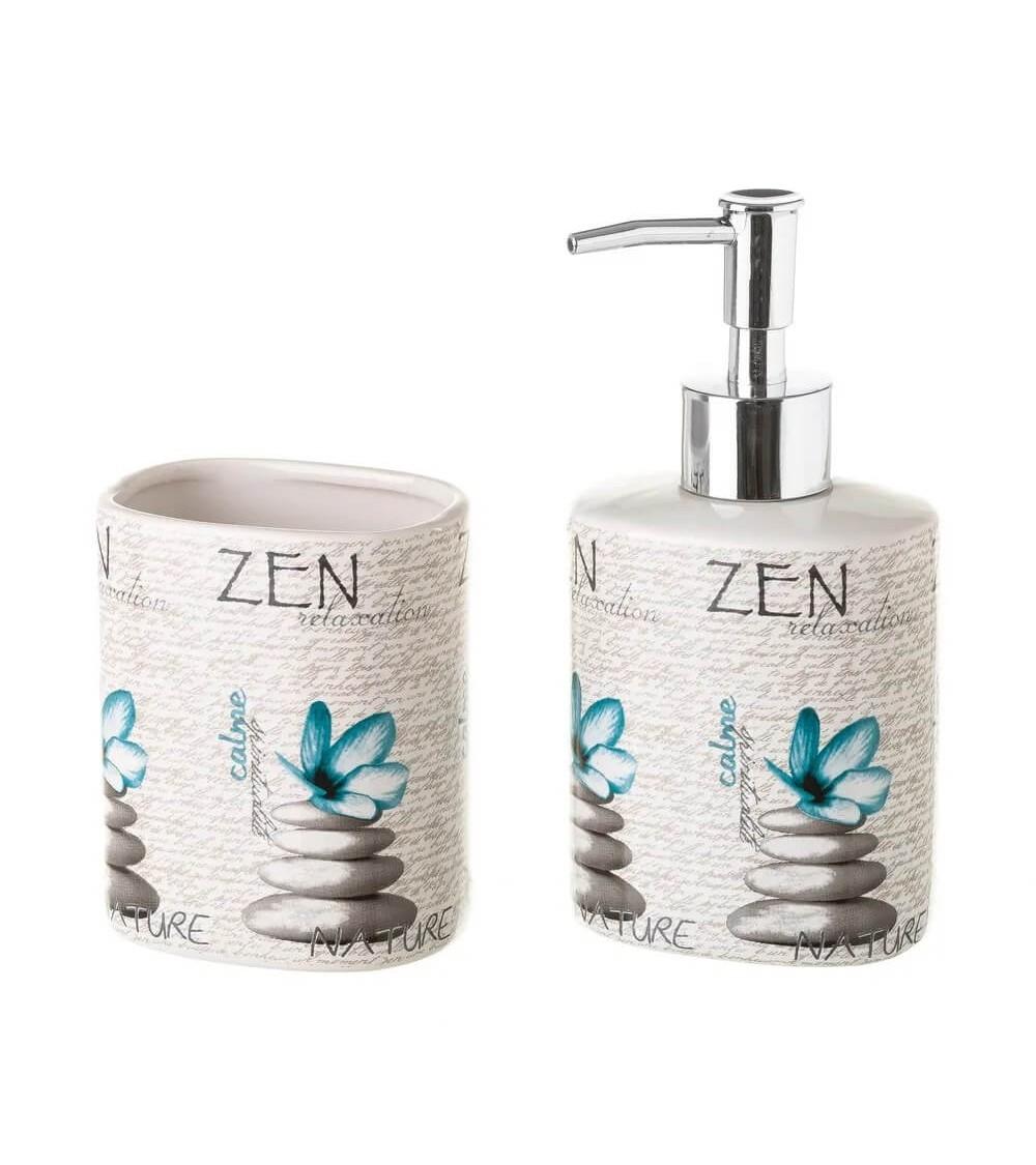 Dcasa Juego de dispensador y portacepillos Zen de cerámica gris de 200 ml
