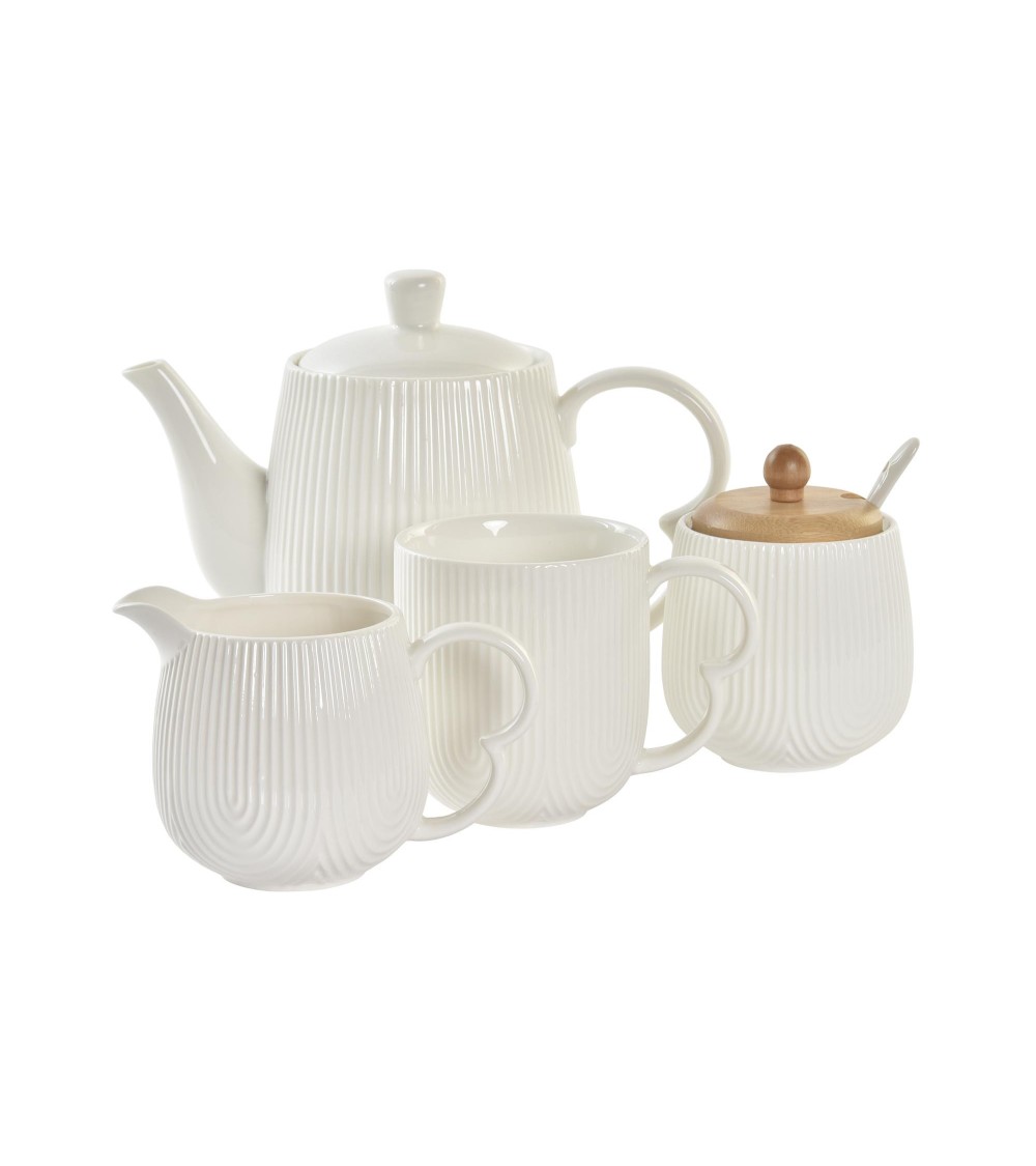 Dcasa Juego De Tetera Con Tapa 2 Taza Azucarero Y Lechera Con Soporte Madera Bambu Para Servir Mesa