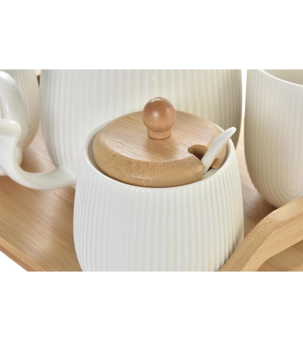 Dcasa Juego De Tetera Con Tapa 2 Taza Azucarero Y Lechera Con Soporte Madera Bambu Para Servir Mesa