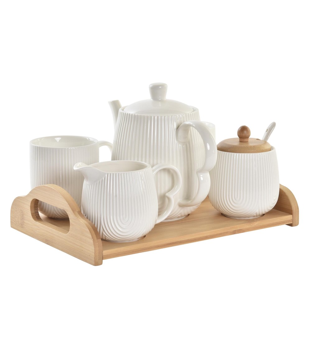 Dcasa Juego de tetera con tapa 2 taza azucarero y lechera con soporte madera bambu para servir mesa