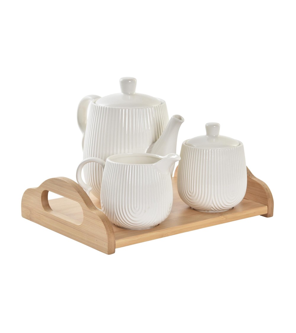 Dcasa Juego de tetera con tapa azucarero y lechera con soporte madera bambu para servir mesa