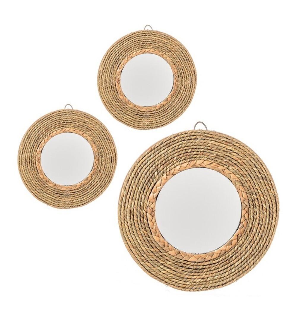 Dcasa Juegos de 3 espejos de pared ratan natural combinado 25 cm y 39 cm
