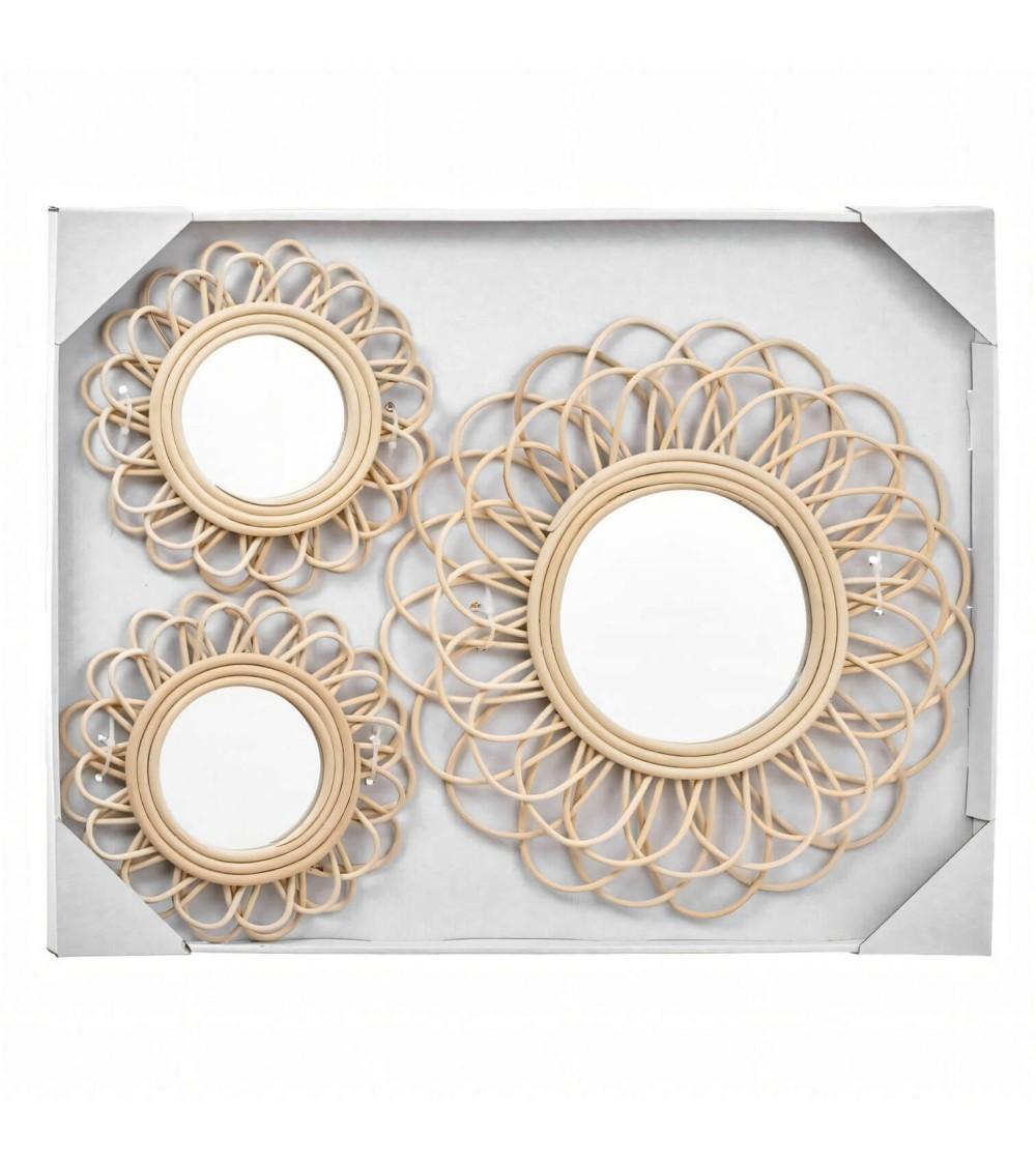 Dcasa Juegos de 3 espejos de pared ratan natural combinado 25 cm y 40 cm