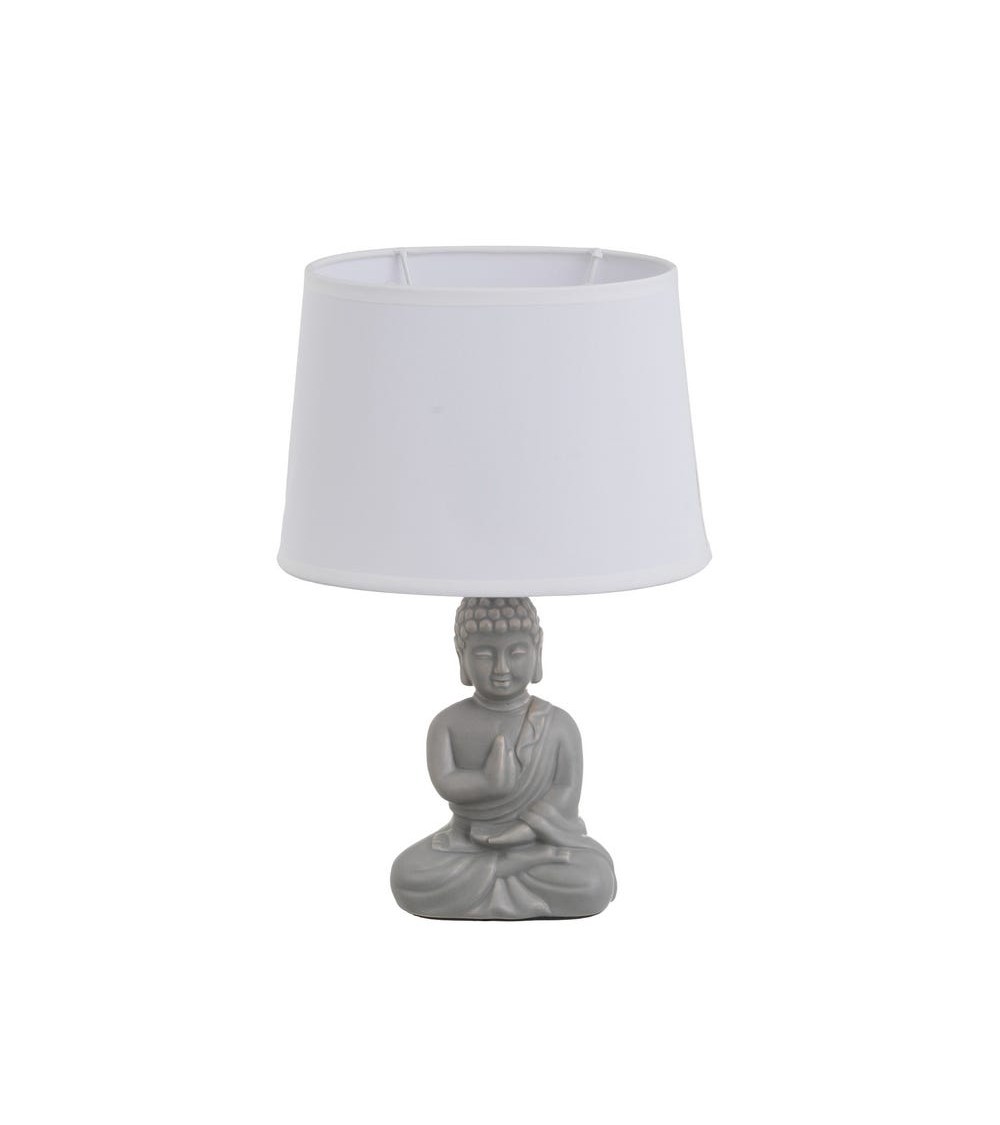 Dcasa Lámpara de mesa buda oriental cerámica gris con pantalla blanca 23x12x34 cm