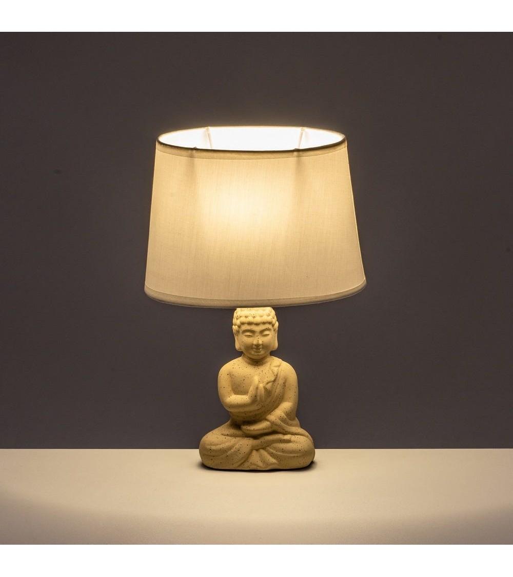 Dcasa Lámpara De Mesa Buda Oriental Cerámica Natural Con Pantalla Blanca 23x12x34 Cm